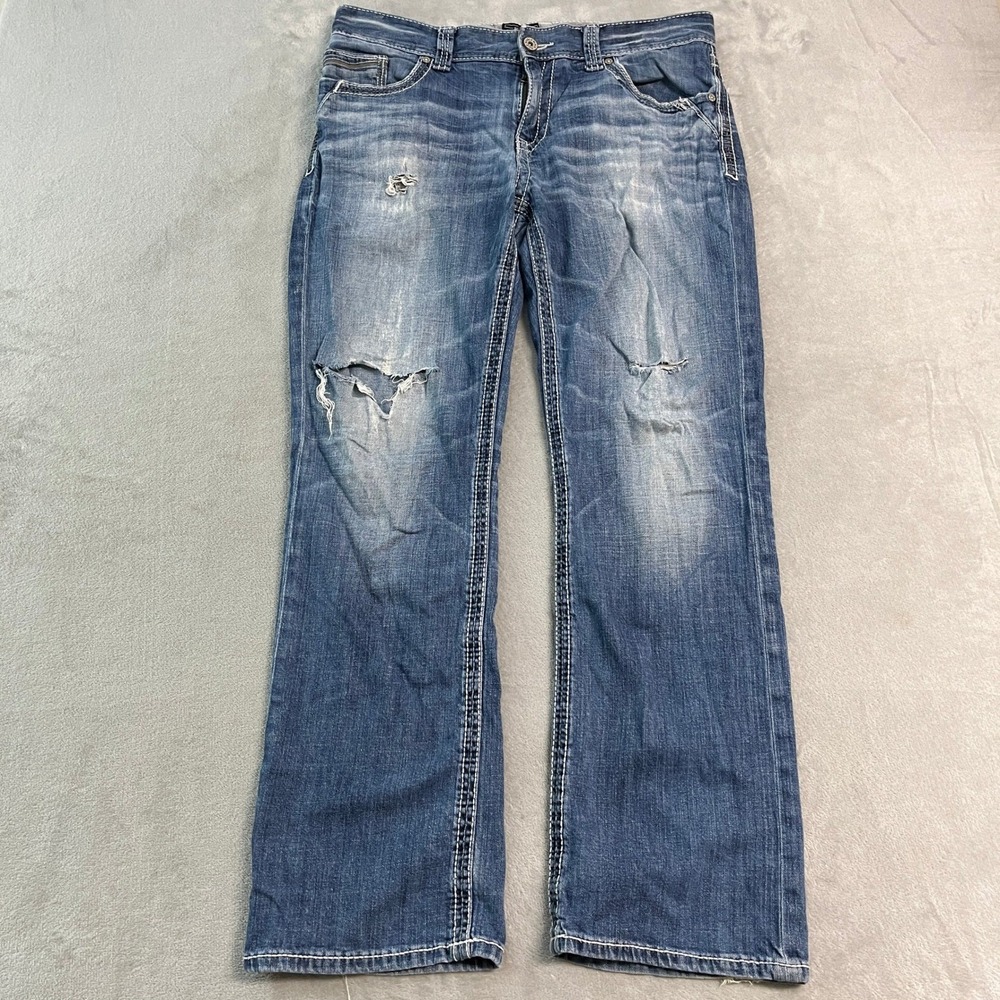 Buckle Black Fit No 9 Bootleg Jeans Mens 34R (36x31) Medium Wash Distressed